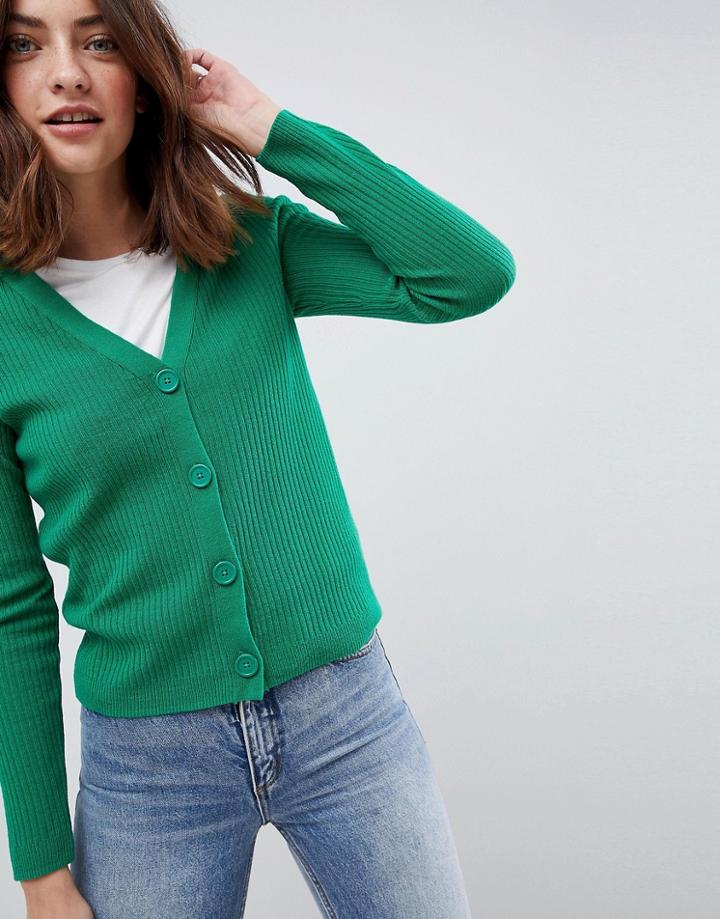 Asos Cardigan In Rib With Button Detail - Green