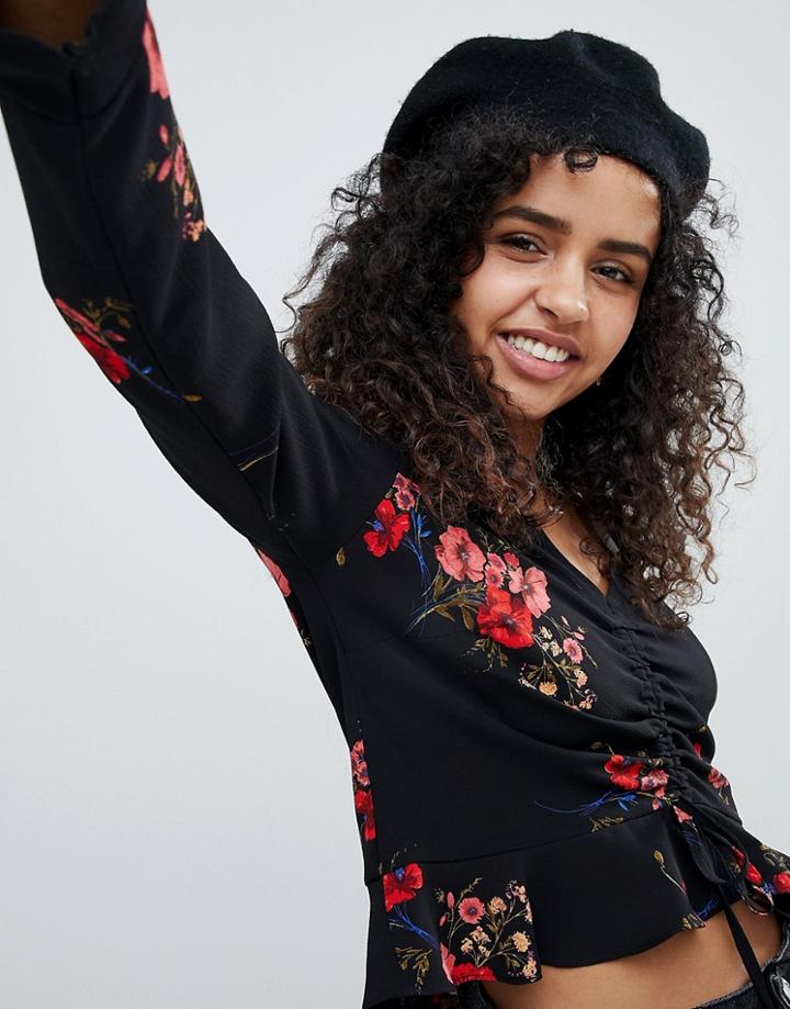 New Look Floral Ruche Front Blouse - Black