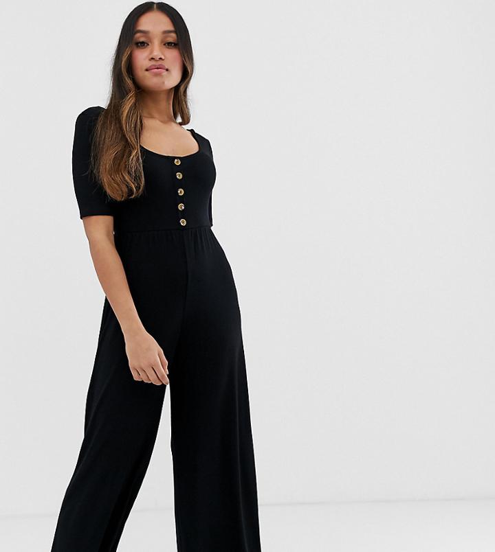 Asos Design Petite Short Sleeve Rib Button Front Jumpsuit-black