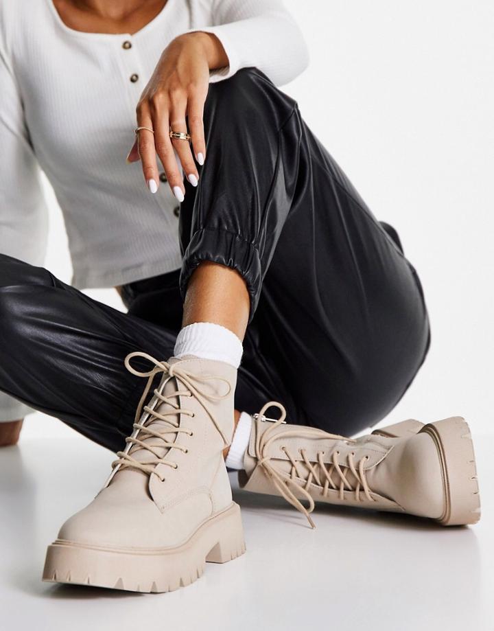 Bershka Chunky Lace Up Flat Ankle Boots In Stone-neutral
