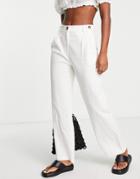 Topshop Mid Rise Linen Straight Leg Button Detail Pants In White