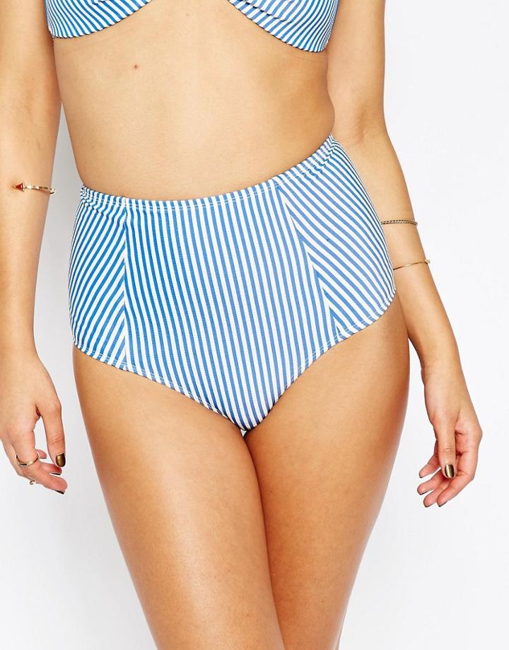 Asos Design Mix And Match Seersucker Stripe High Waist Bikini Bottom-blue