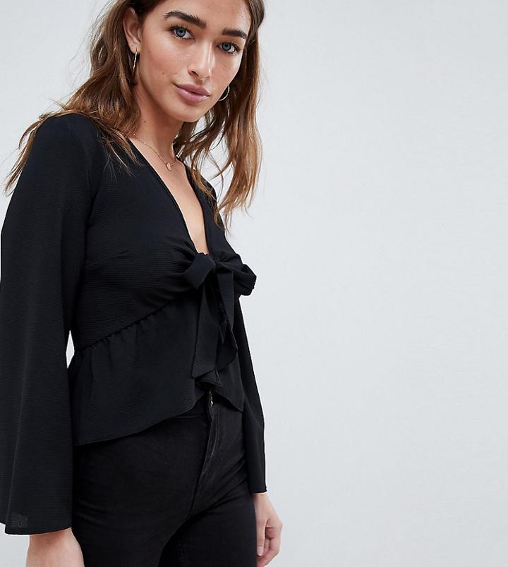 New Look Petite Tie Front Top - Black