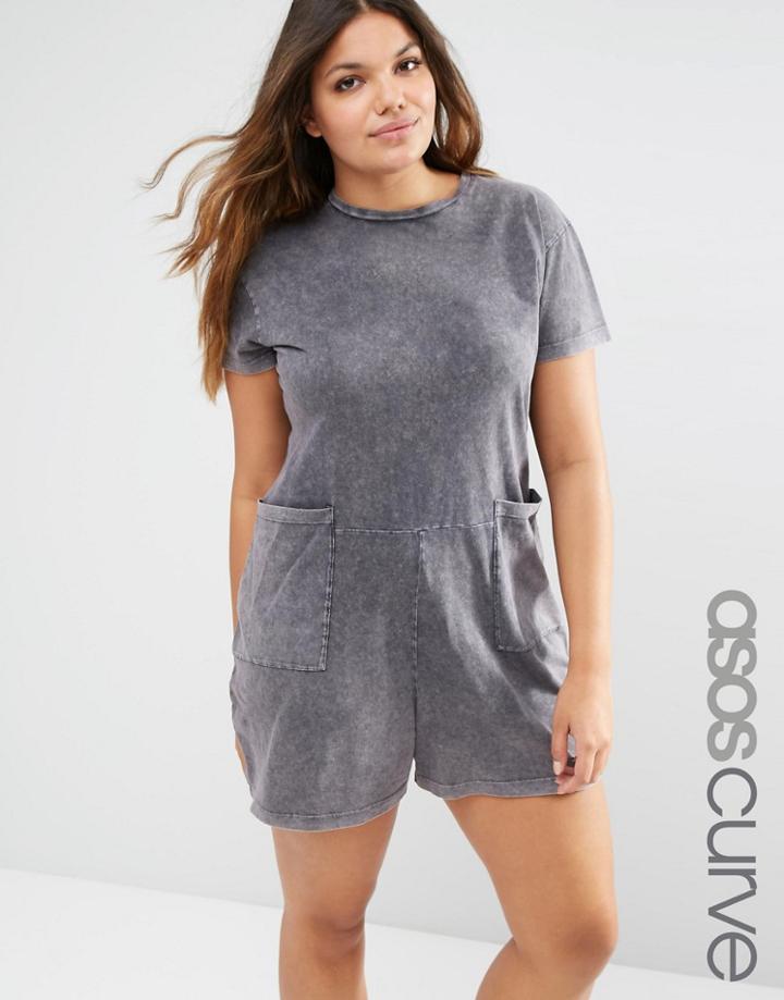 Asos Curve Casual Romper With Pocket In Washed Cotton - Charcoal