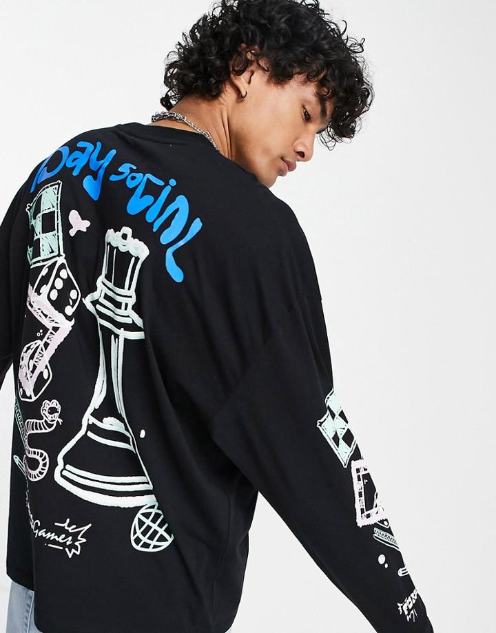 Asos Daysocial Oversized Long Sleeve T-shirt With Multi Games Prints And Logo In Black