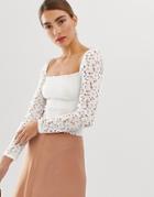 Stradivarius Shirred Square Neck Top With Lace Sleeves In White - White
