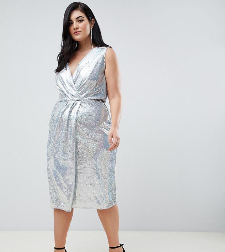 Tfnc Plus Sequin Midi Wrap Dress In Silver Iridescent - Silver