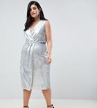 Tfnc Plus Sequin Midi Wrap Dress In Silver Iridescent - Silver