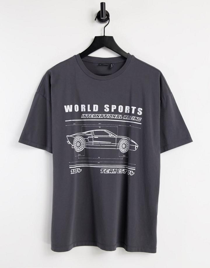 Asos Design Oversized T-shirt With World Sport Graphic In Washed Charcoal-grey