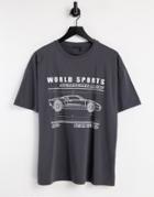 Asos Design Oversized T-shirt With World Sport Graphic In Washed Charcoal-grey