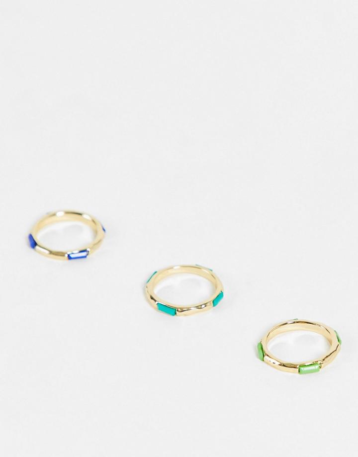 Designb London X3 Multipack Rings With Enamel Detail In Gold