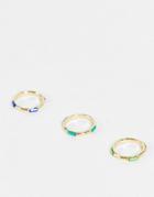 Designb London X3 Multipack Rings With Enamel Detail In Gold