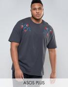 Asos Plus Oversized T-shirt With Snake And Rose Shoulder Embroidery -