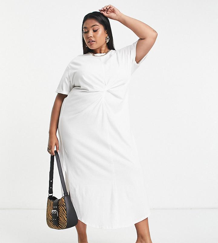 River Island Plus Twist Front T-shirt Midi Dress In White