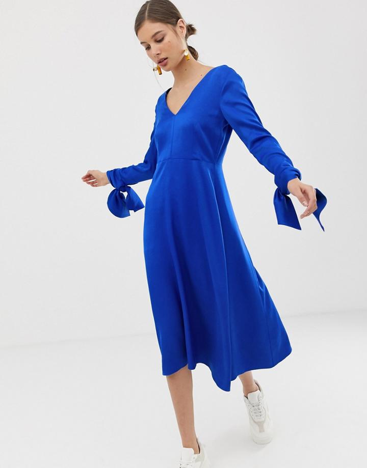 Asos White Deep V-neck Dress With Tie Cuffs - Blue