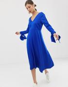 Asos White Deep V-neck Dress With Tie Cuffs - Blue