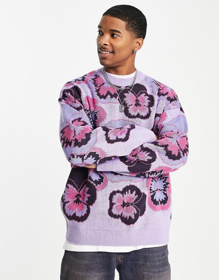 Asos Design Knitted Jacquard Knit Sweater With Pansy Design In Lilac-purple