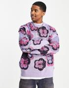 Asos Design Knitted Jacquard Knit Sweater With Pansy Design In Lilac-purple