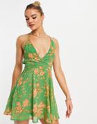 Asos Design Lace Up Back Mini Dress In Green Print-multi