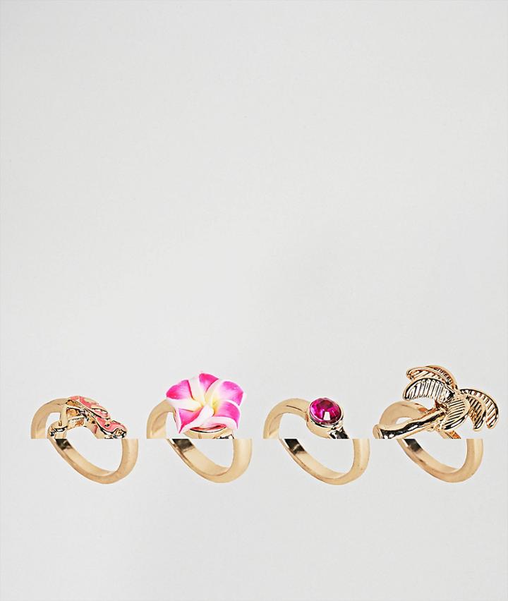 Asos Design Pack Of 4 Palm Trees And Flamingo Rings - Gold