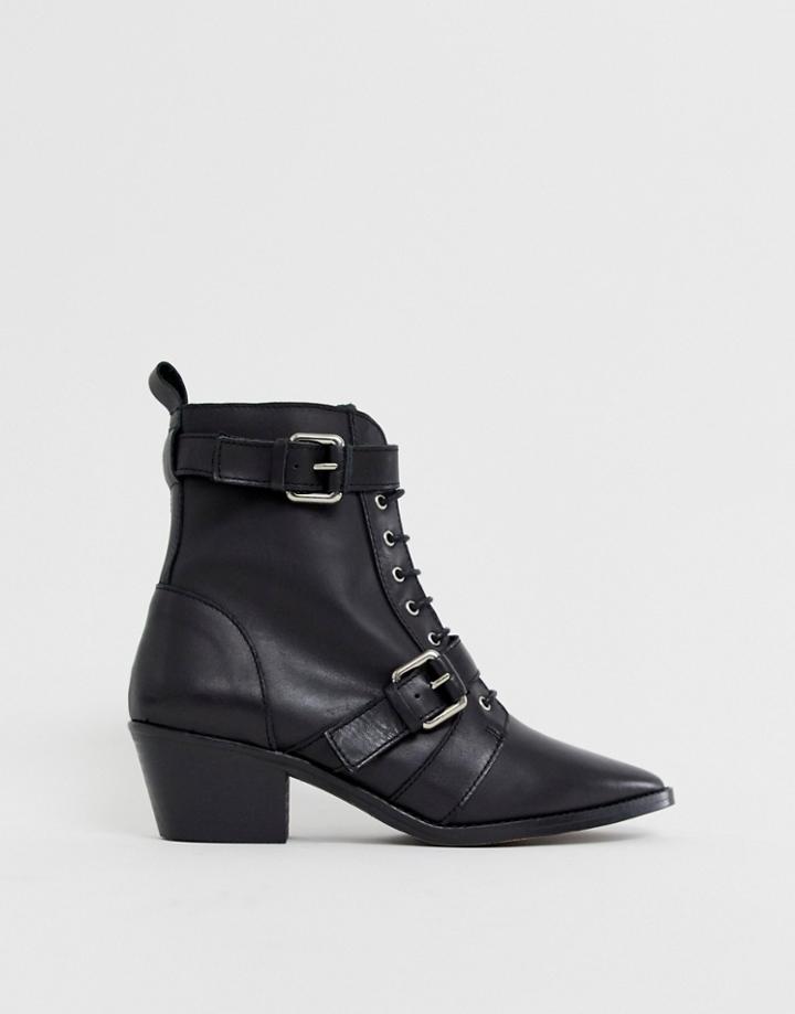 Office Ambassador Leather Black Lace Up Two Buckle Ankle Boot - Black