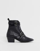 Office Ambassador Leather Black Lace Up Two Buckle Ankle Boot - Black