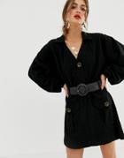 Asos Design Broderie Shirt Dress With Woven Belt-black
