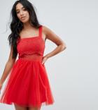 Asos Petite Lace & Dobby Mix Skater Mini Dress - Red