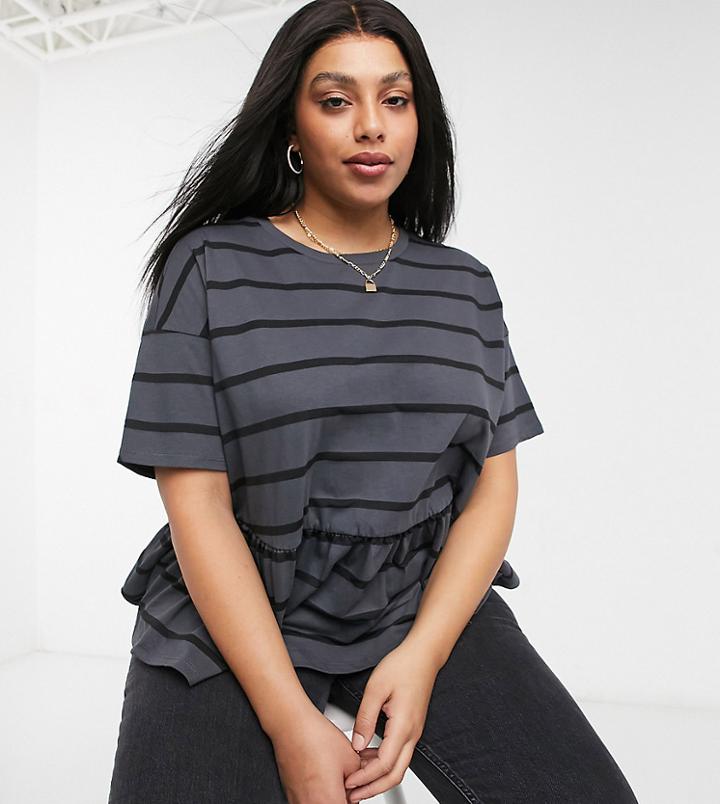 Asos Design Curve Smock Top In Charcoal Stripe-grey