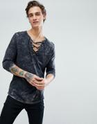 Asos Longline Long Sleeve T-shirt In Subtle Acid Wash With Lace Up Neck In Black - Black