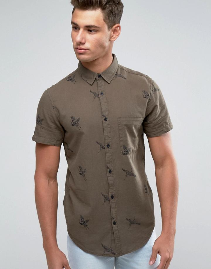 New Look Regular Fit Shirt With Bird Print In Khaki - Green