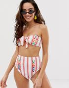 Asos Design Recycled Chevron Embroidered Tie High Waist Bikini Bottom In Red Stripe - Multi