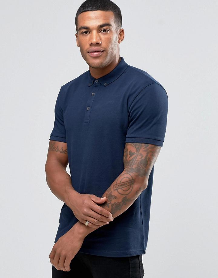 Asos Polo Shirt In Navy Pique With Button Down Collar With Logo - Navy