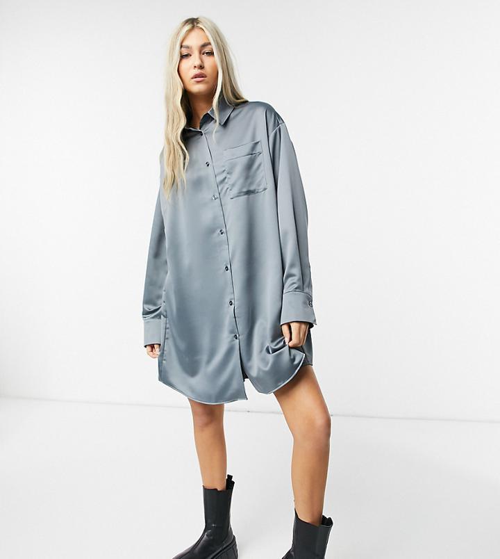 Collusion Satin Shirt Dress In Charcoal-brown