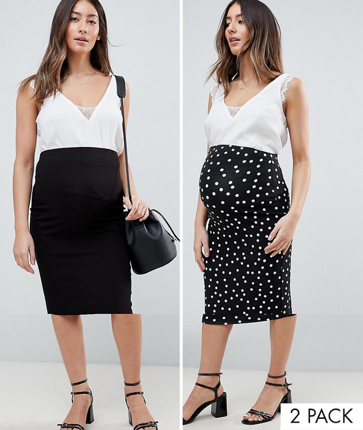 Asos Design Maternity Over The Bump Longer Line Midi Skirt 2 Pack Print And Plain - Multi