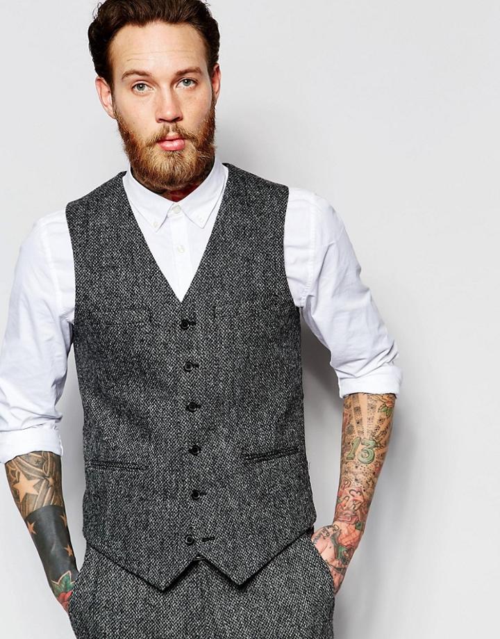 Asos Slim Waistcoat In Grey Harris Tweed - Gray