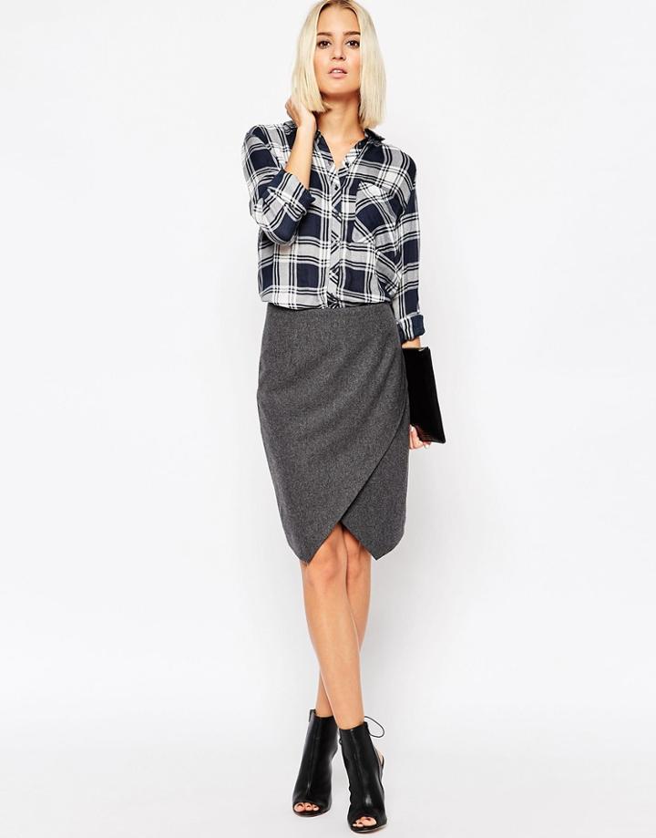 Just Female Wrap Mini Skirt In Wool Mix - Gray Melange