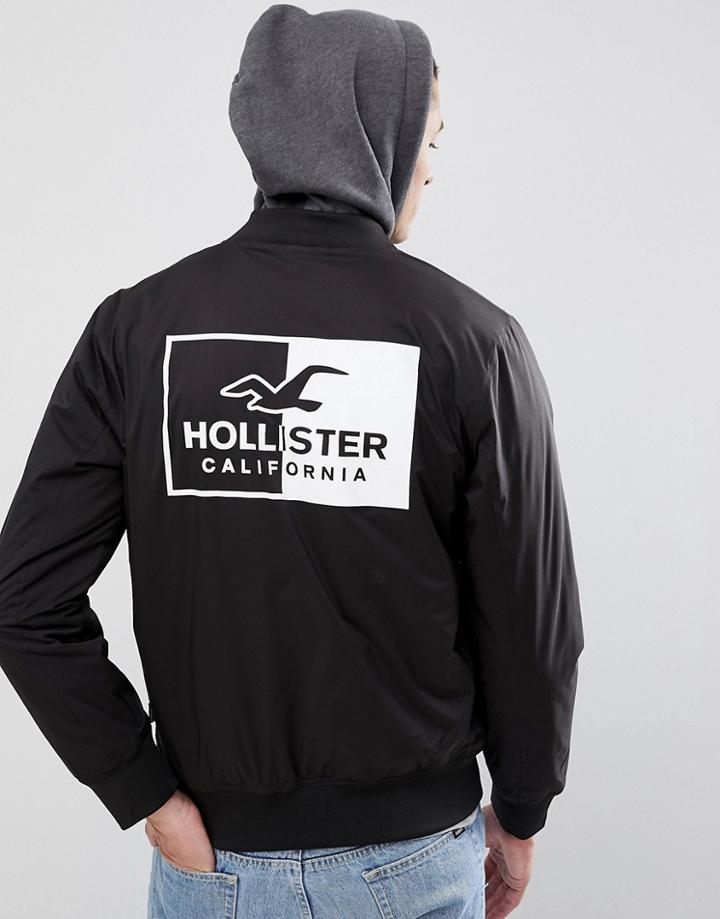 Hollister Back Logo Stretch Bomber Jacket With Sweat Hood In Black - Black