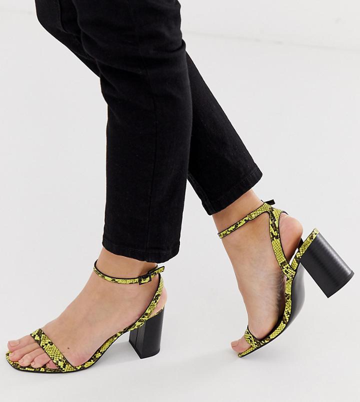 Asos Design Hong Kong Barely There Block Heeled Sandals In Yellow Snake - Multi