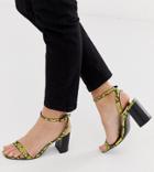 Asos Design Hong Kong Barely There Block Heeled Sandals In Yellow Snake - Multi