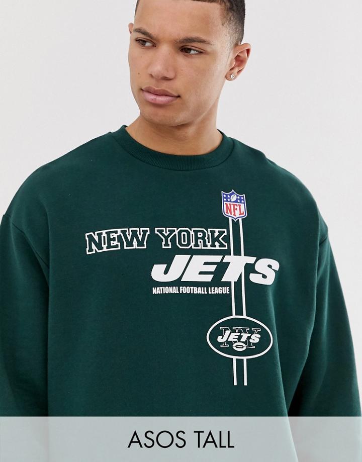 Asos Design Tall Oversized Sweatshirt With Nfl New York Jets Print-green