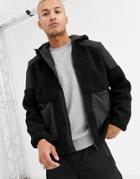 Asos Design Zip Through Borg Jacket With Hood-black