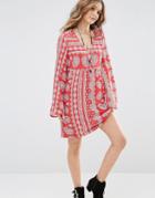 Honey Punch V Neck Swing Dress In Paisley Print With Tie Up Back - Red