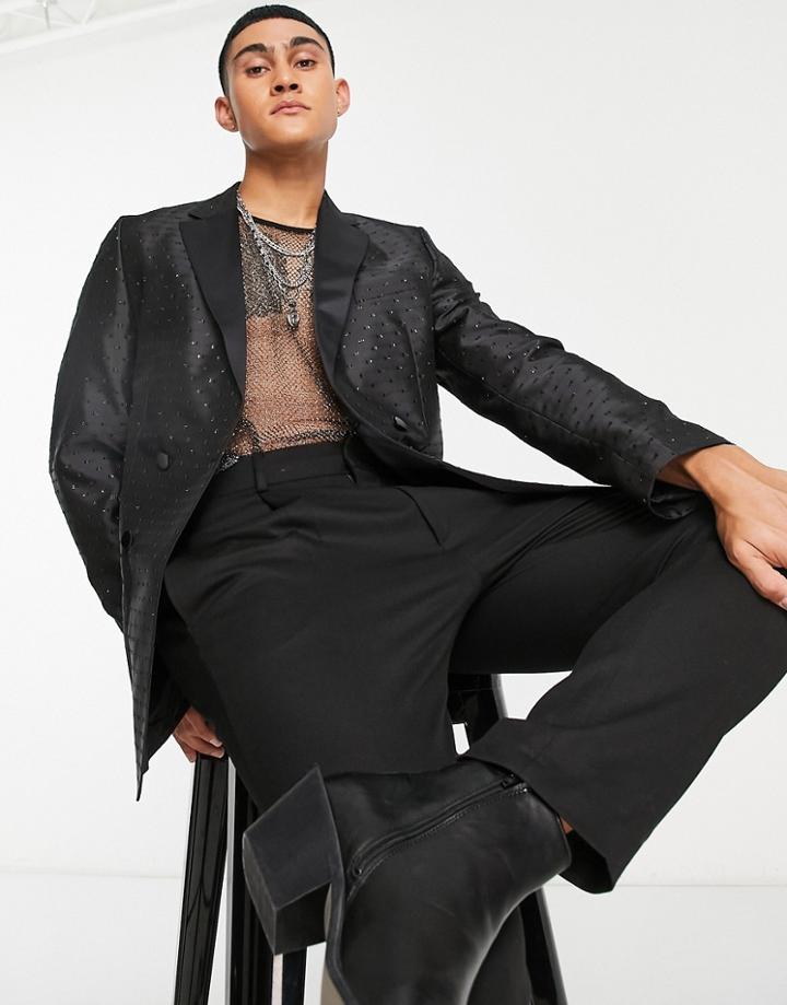 Bolongaro Trevor Skinny Glitter Fleck Satin Lapel Double Breasted Dinner Suit Jacket-black