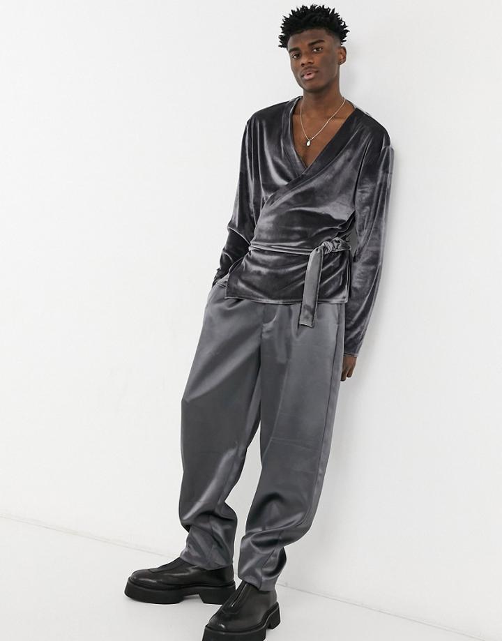 Asos Design Relaxed Long Sleeve Wrap Velour Top In Gray-green