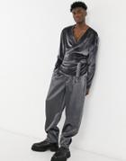 Asos Design Relaxed Long Sleeve Wrap Velour Top In Gray-green