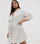 Asos Design Curve Button Through Mini Shirt Dress With Ruched Waist In Stripe - Multi