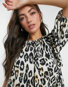 Asos Design Textured Trapeze Smock Top In Large Leopard Animal Print-brown