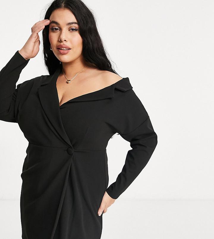 Asos Design Curve Fallen Shoulder Wrap Shirt Mini Dress In Black