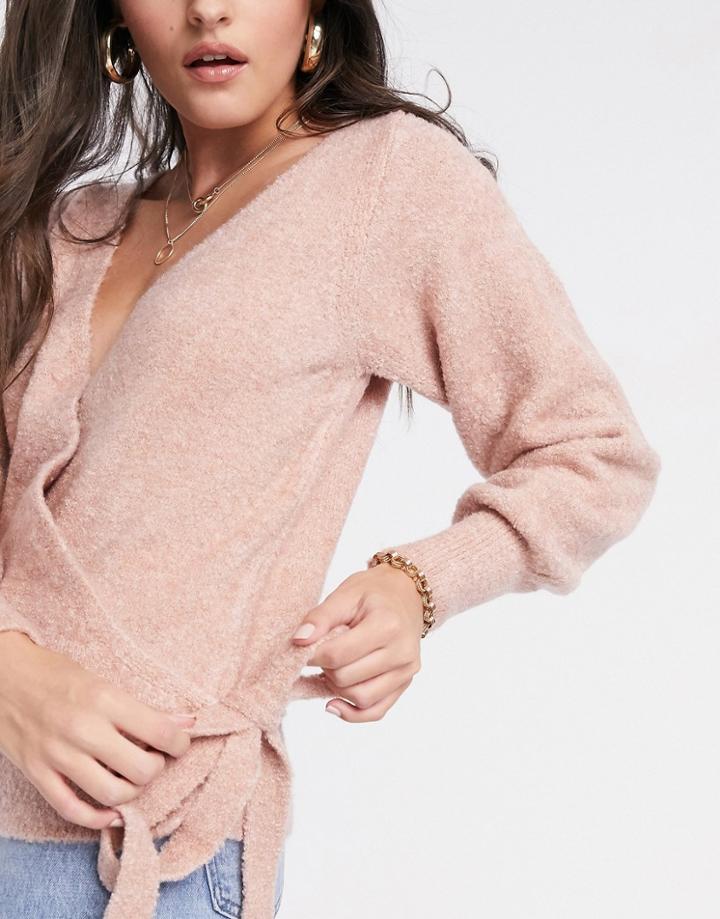 Asos Design Wrap Fluffy Sweater In Pink